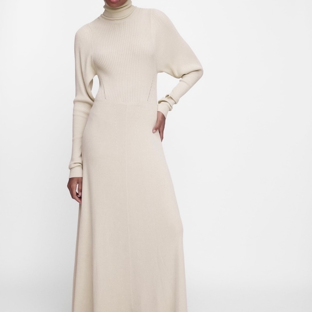 Zara Long Knit Dress High Neck Long Sleeve Ecru